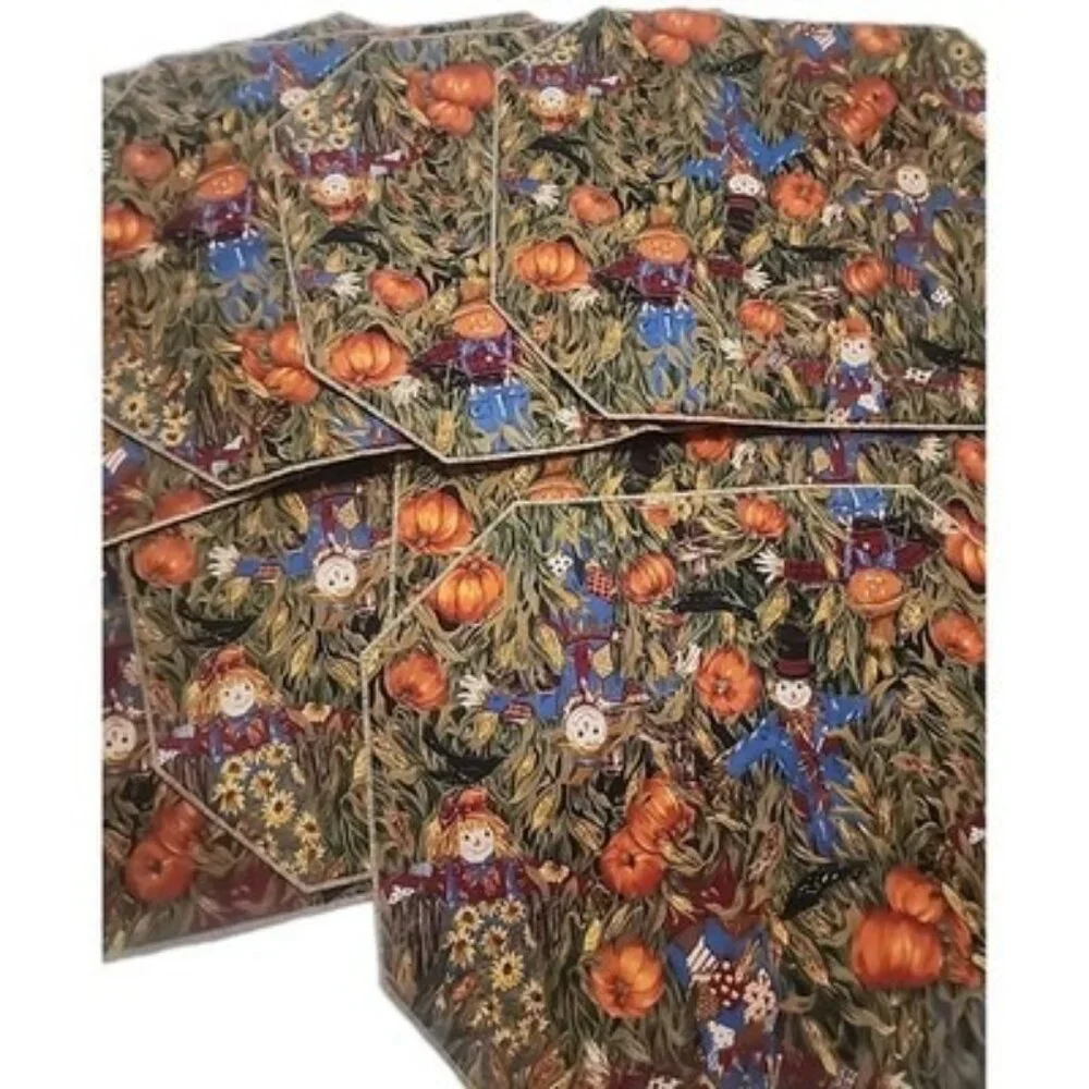 Scarecrow Pumpkin Fabric Placemats Set of 8 Fall Halloween Thanksgiving Decor‎